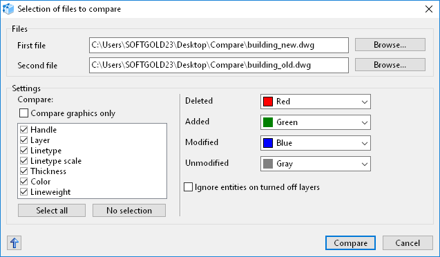 The Compare files window