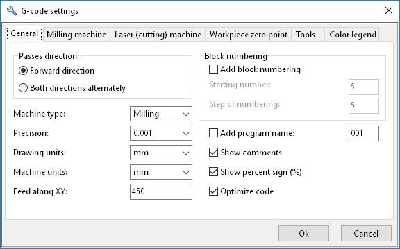 The G-code generation settings window