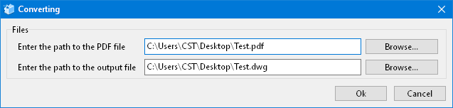 The PDF to DWG conversion window